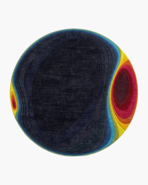 Solar Bloom round rainbow wool rug with a deep navy core bursting into carved spectrum rings
