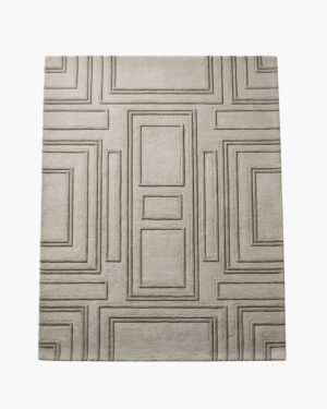 Coffered Stone beige textured geometric rug with carved nested-rectangle panels in high-low relief