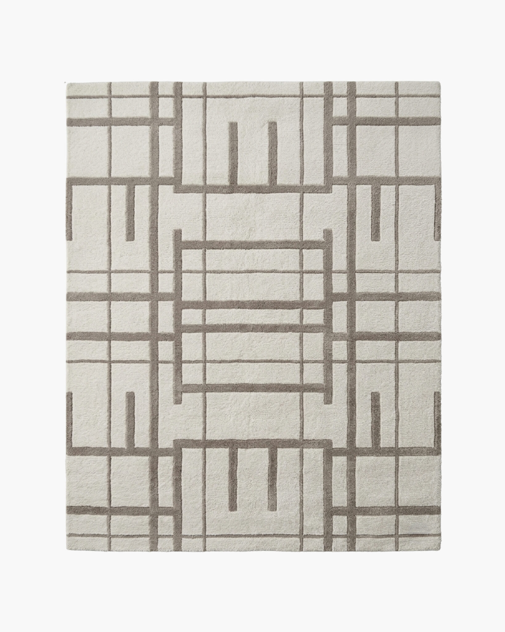 Atrium Grid neutral geometric line rug with a taupe lattice grid on an ivory wool ground