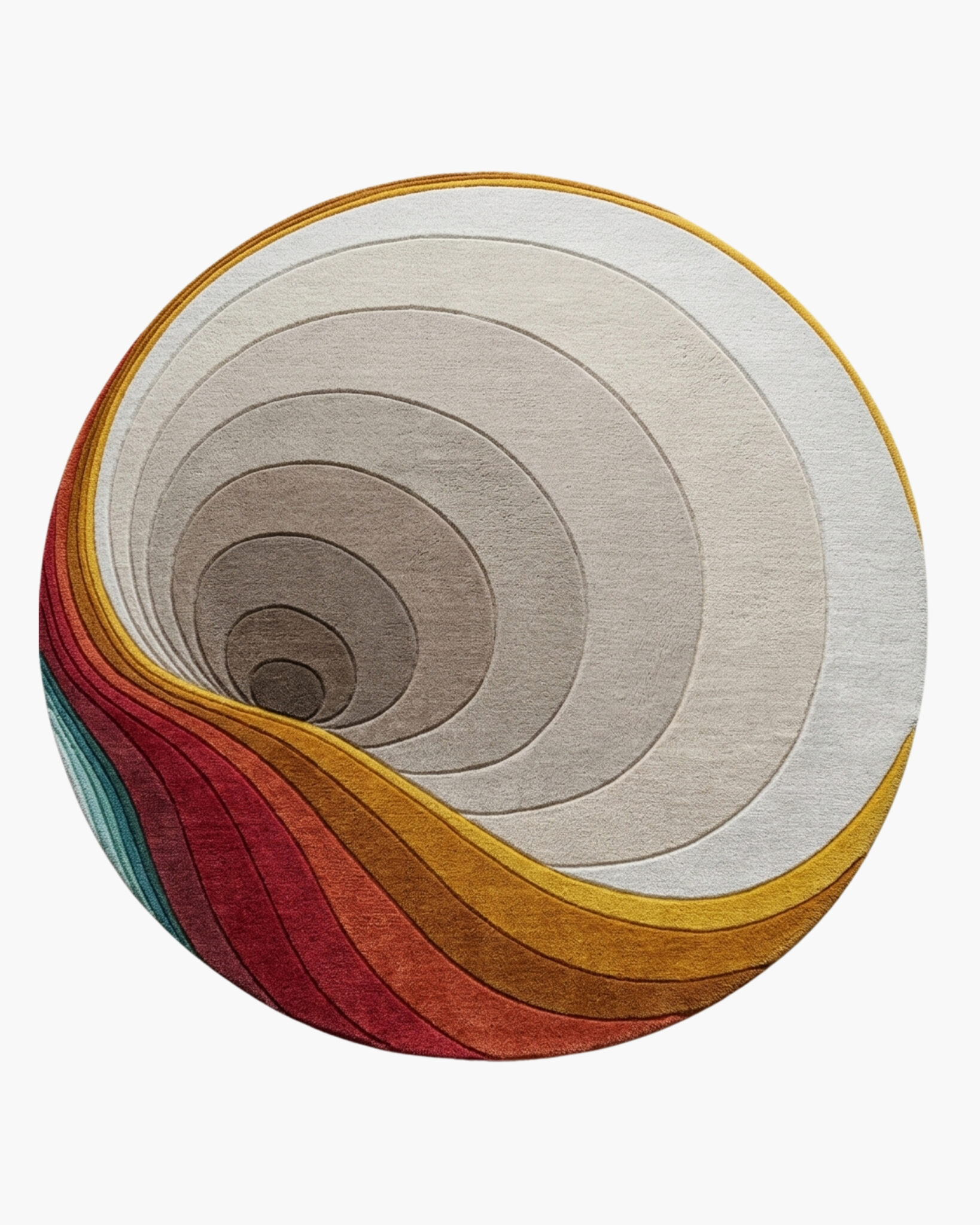 Nautilus Dawn round spiral wool rug with tonal greige rings tunneling to a core and a warm sunset sweep