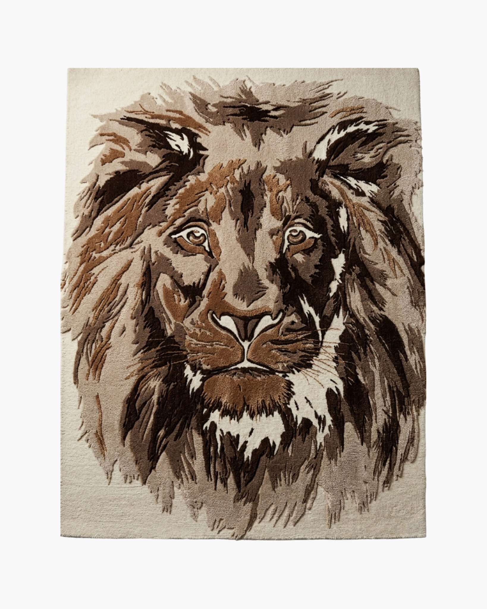 Regal Mane lion portrait wool rug with a majestic lion's head in chestnut, brown and cream on an ivory ground