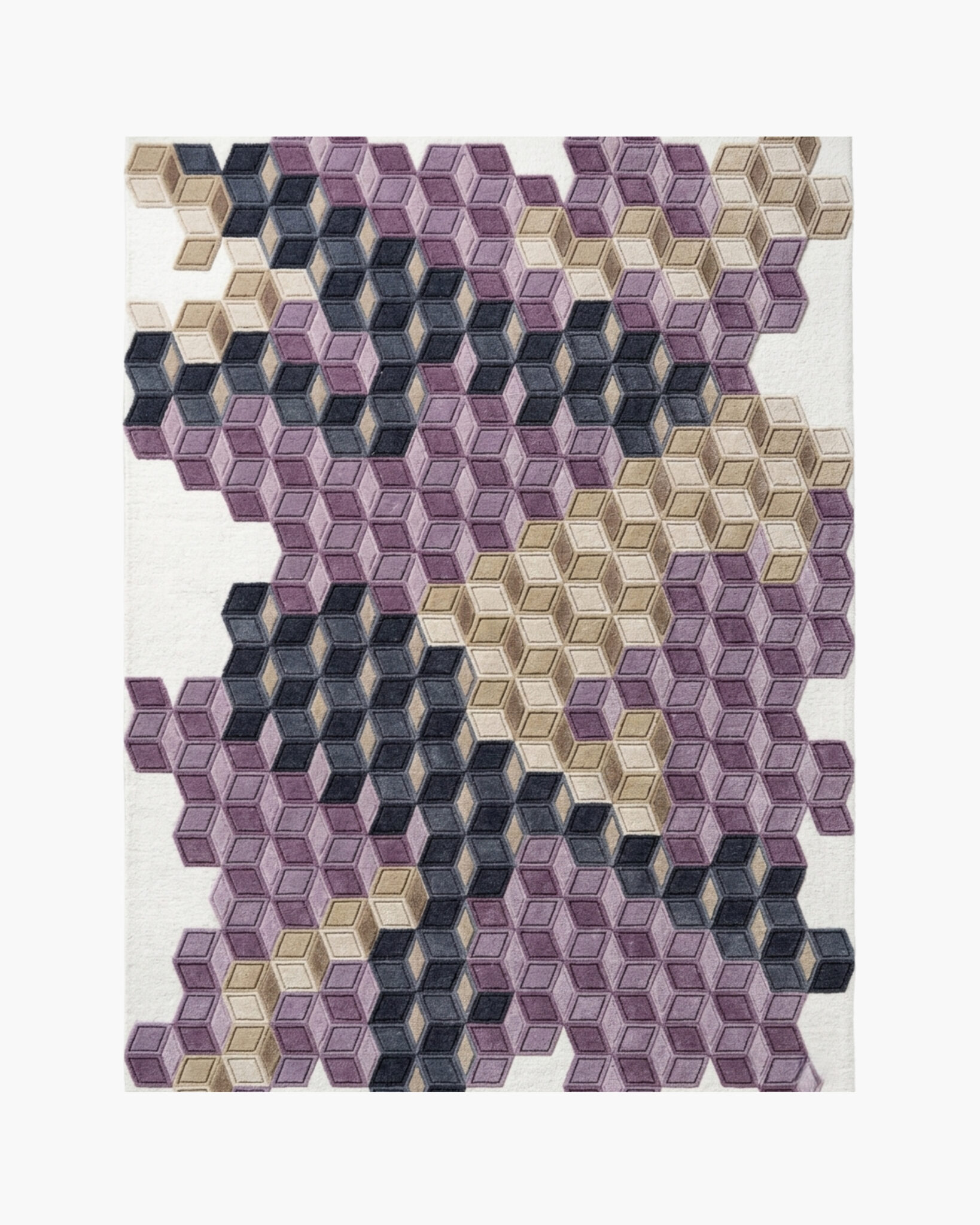 Cubed Amethyst purple 3D geometric wool rug with tumbling isometric cubes in plum, lavender and charcoal on ivory