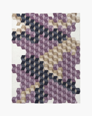 Cubed Amethyst purple 3D geometric wool rug with tumbling isometric cubes in plum, lavender and charcoal on ivory