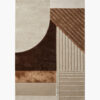 Bauhaus Dusk mid century modern abstract rug with a chocolate sun arc, copper band and carved stripes in warm neutrals