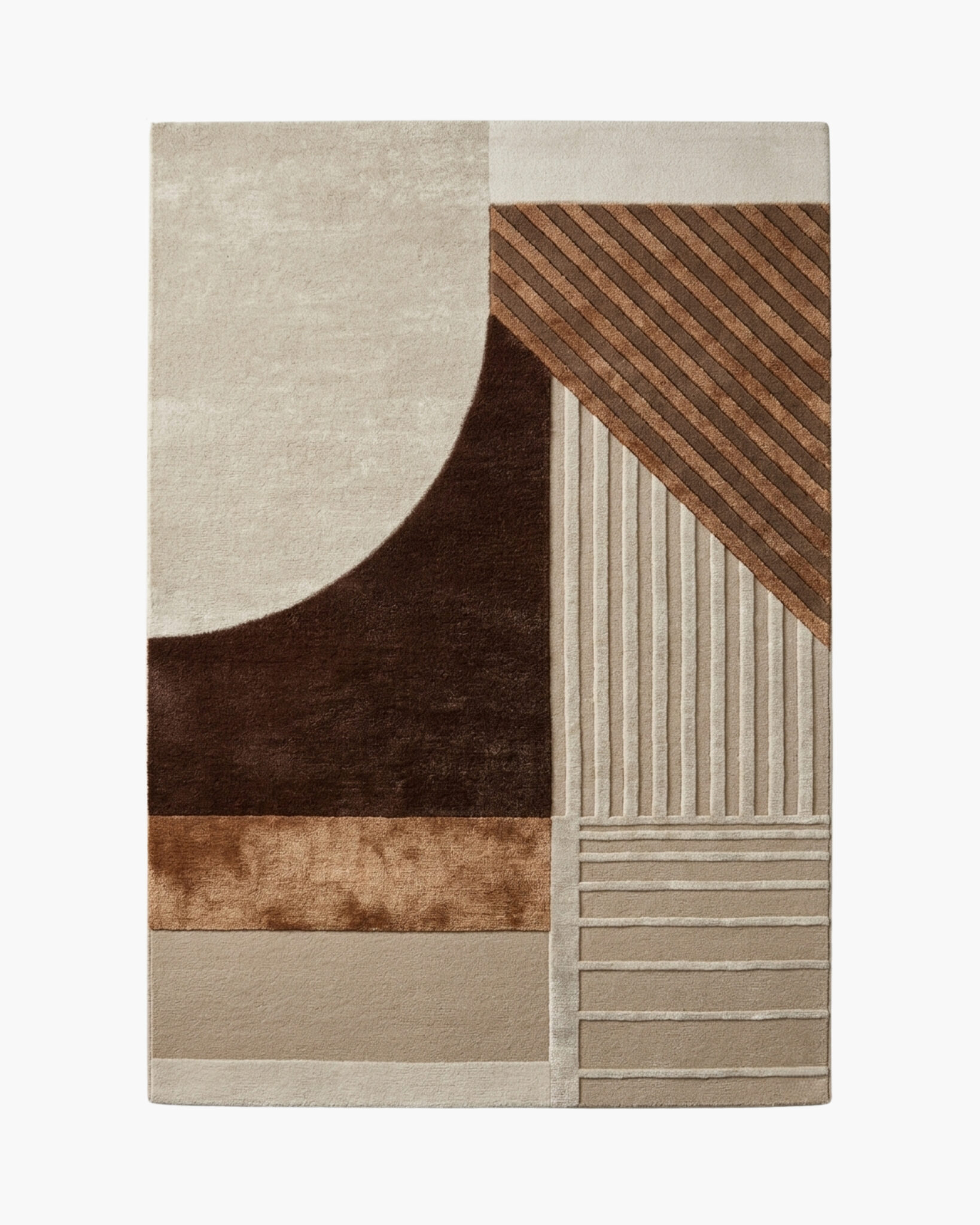 Bauhaus Dusk mid century modern abstract rug with a chocolate sun arc, copper band and carved stripes in warm neutrals