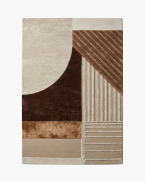Bauhaus Dusk mid century modern abstract rug with a chocolate sun arc, copper band and carved stripes in warm neutrals
