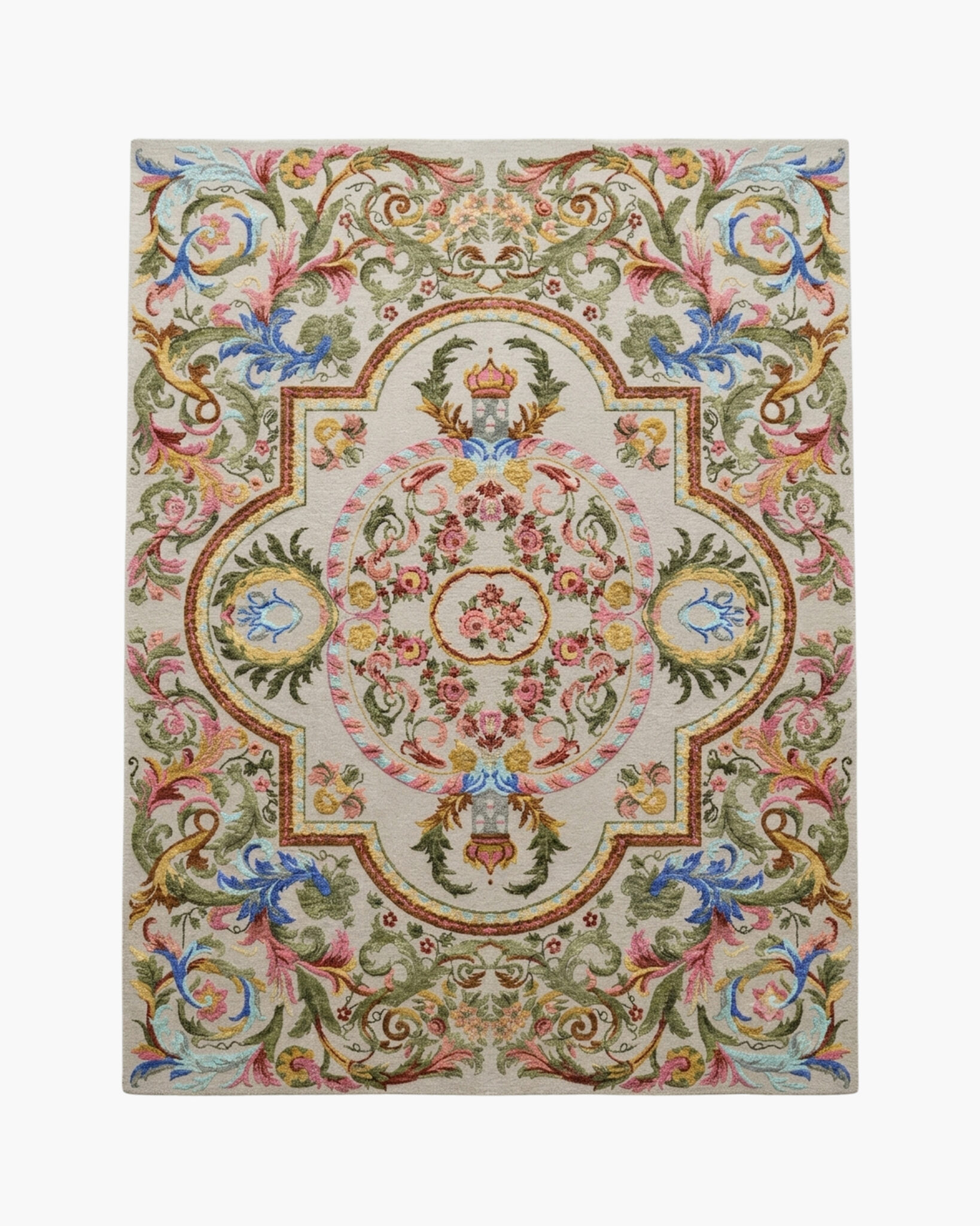 Versailles Bloom traditional Aubusson floral rug with an ornate rose medallion in sage, pink, blue and gold on ivory