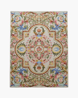 Versailles Bloom traditional Aubusson floral rug with an ornate rose medallion in sage, pink, blue and gold on ivory