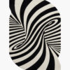 Vertigo Swirl black and white op art wool rug with hypnotic swirling stripes funneling into spiral centers