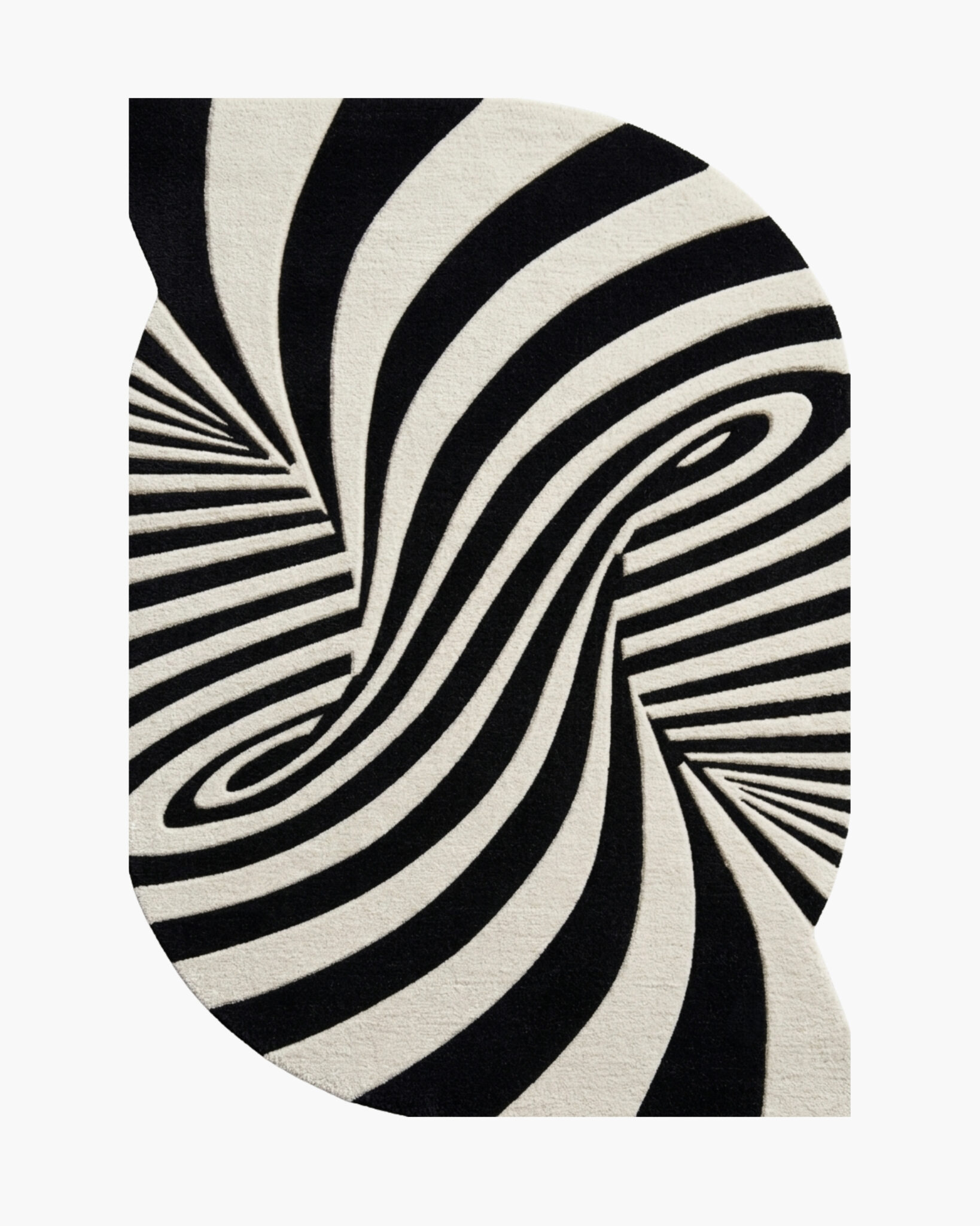 Vertigo Swirl black and white op art wool rug with hypnotic swirling stripes funneling into spiral centers