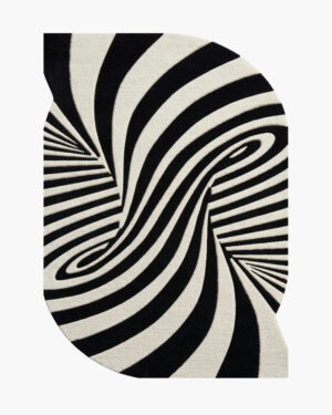 Vertigo Swirl black and white op art wool rug with hypnotic swirling stripes funneling into spiral centers