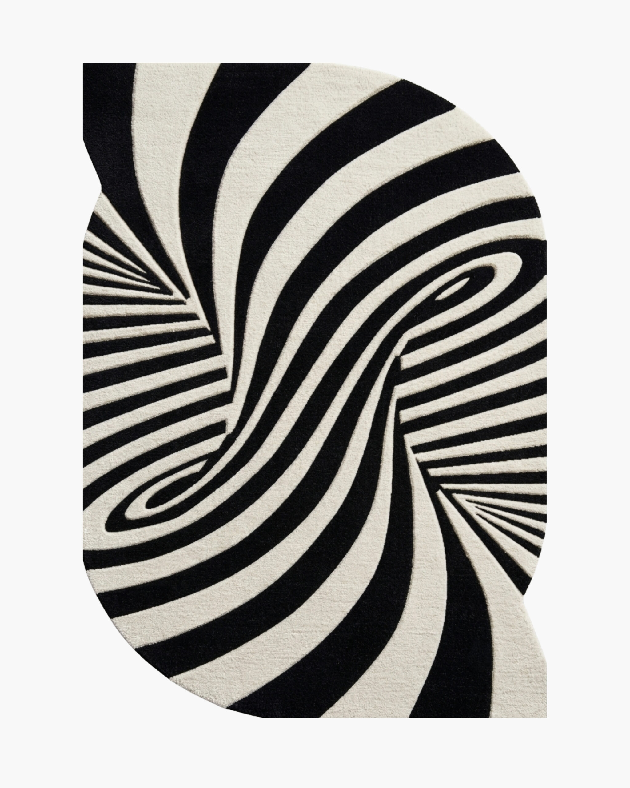 Vertigo Swirl black and white op art wool rug Vertigo Swirl black and white op art wool rug with hypnotic swirling stripes funneling into spiral centers