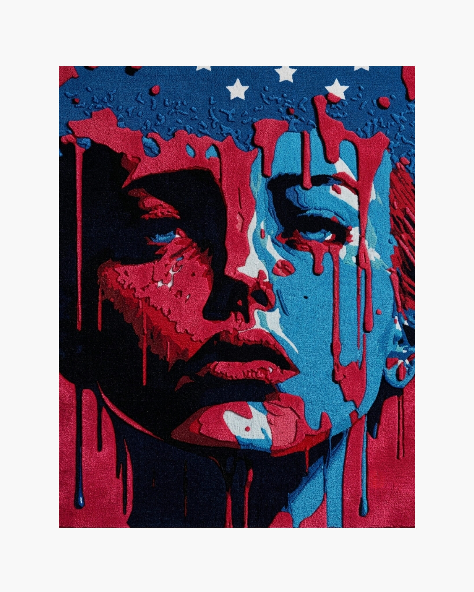 Liberty Muse pop art portrait wool rug with a bold red, white and blue face and paint-drip detail
