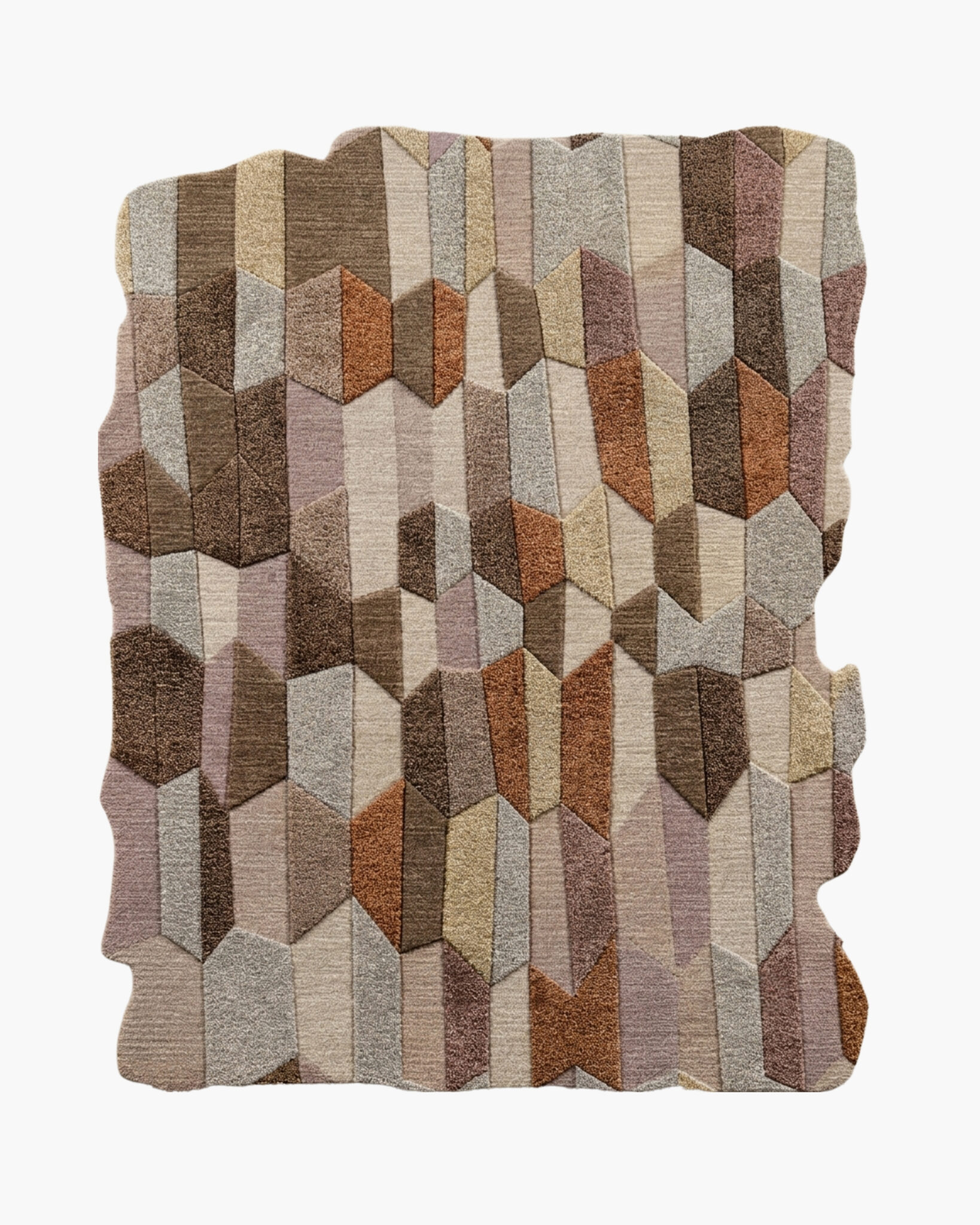 Honeycomb Mesa earth tone geometric wool rug with 3D interlocking hexagons in taupe, terracotta and sage
