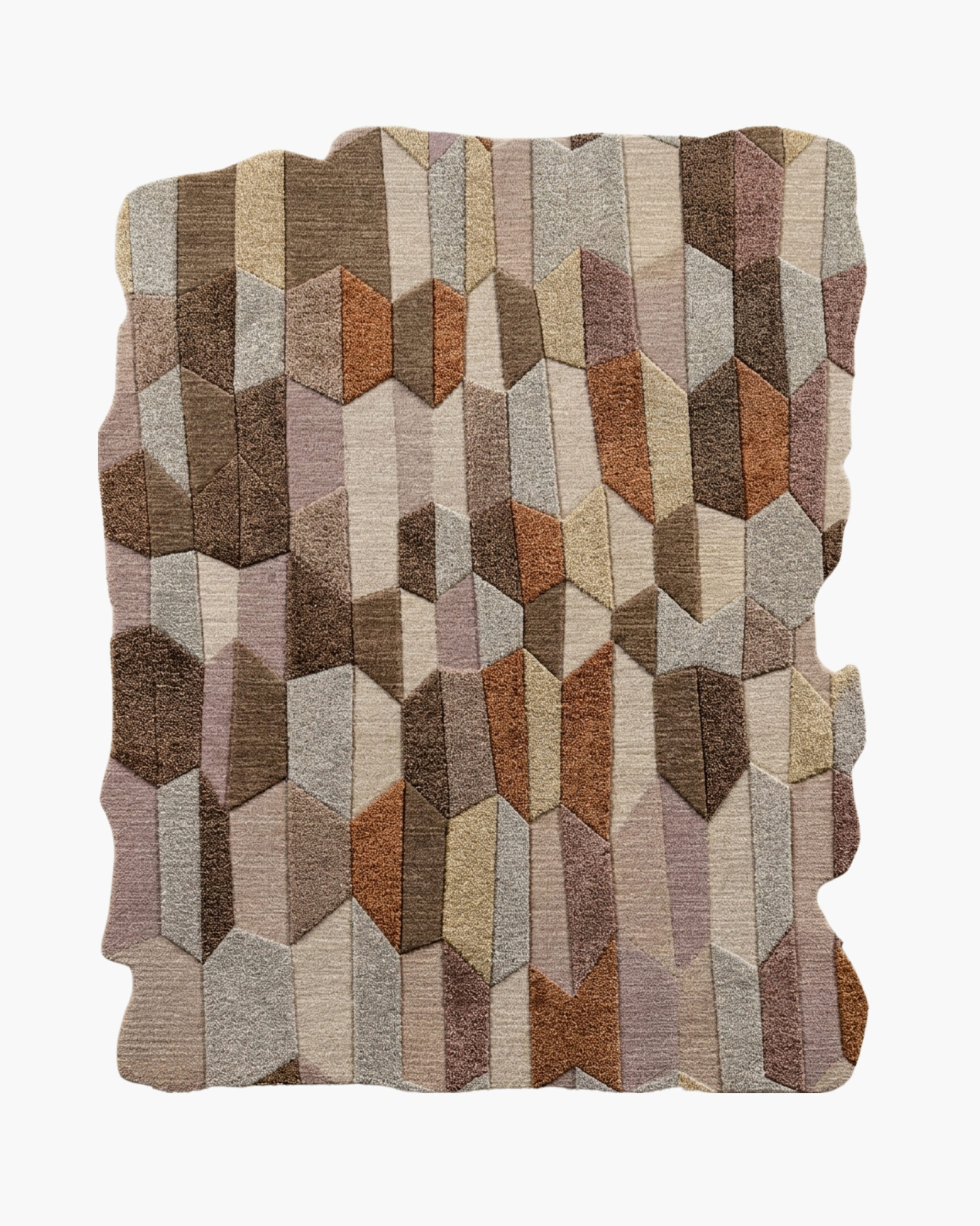 Honeycomb Mesa earth tone geometric wool rug Honeycomb Mesa earth tone geometric wool rug with 3D interlocking hexagons in taupe, terracotta and sage