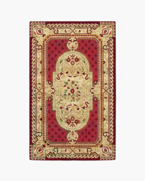 Crimson Court red Savonnerie medallion rug with a cream floral medallion on a deep crimson field