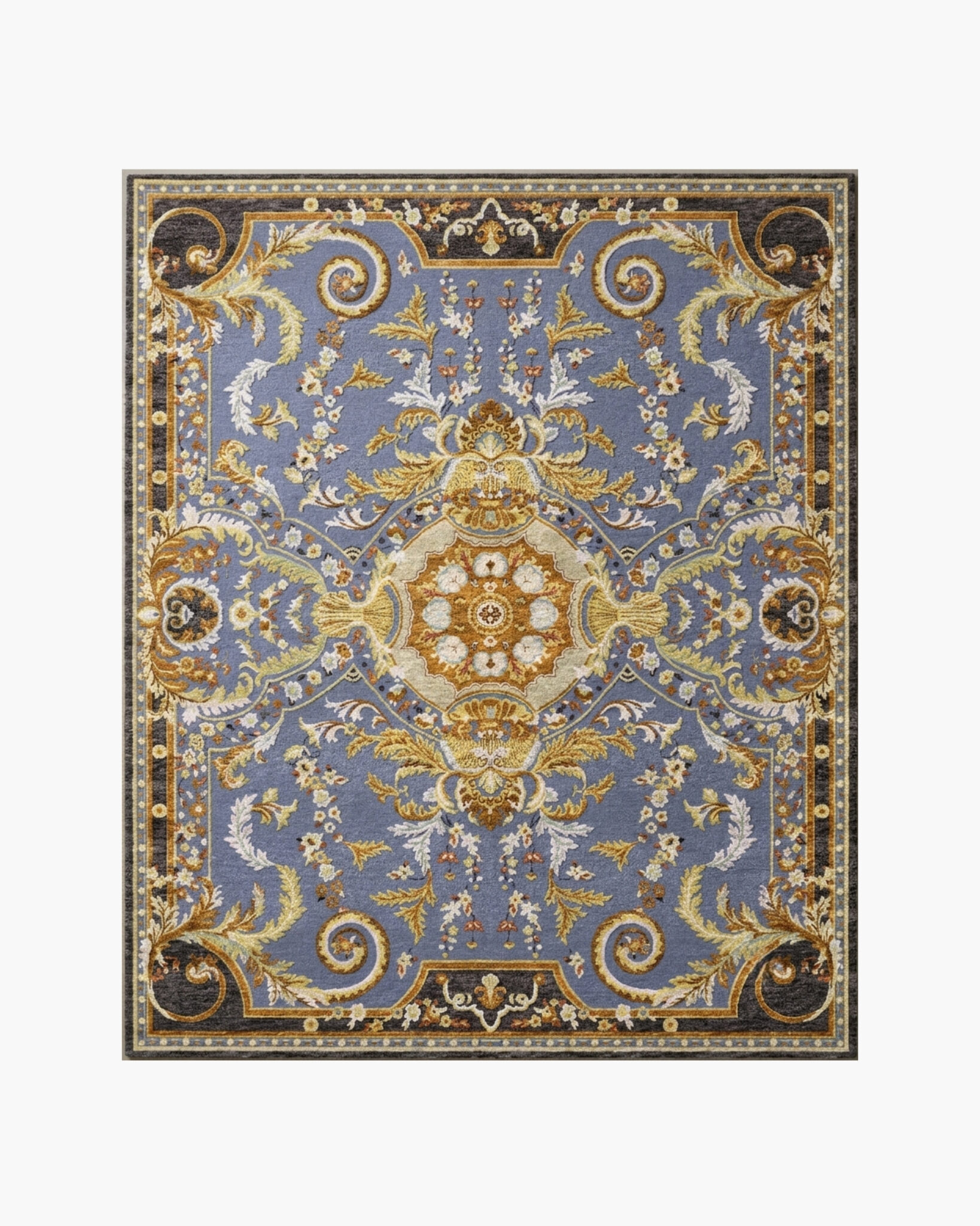 Azure Régence blue and gold Savonnerie rug with a gilded floral medallion on a periwinkle-blue field