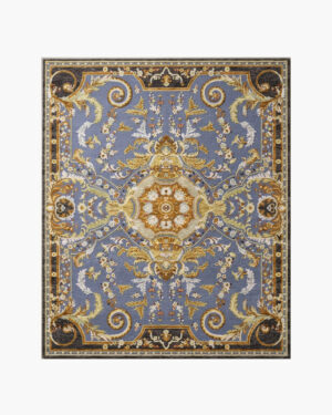 Azure Régence blue and gold Savonnerie rug with a gilded floral medallion on a periwinkle-blue field