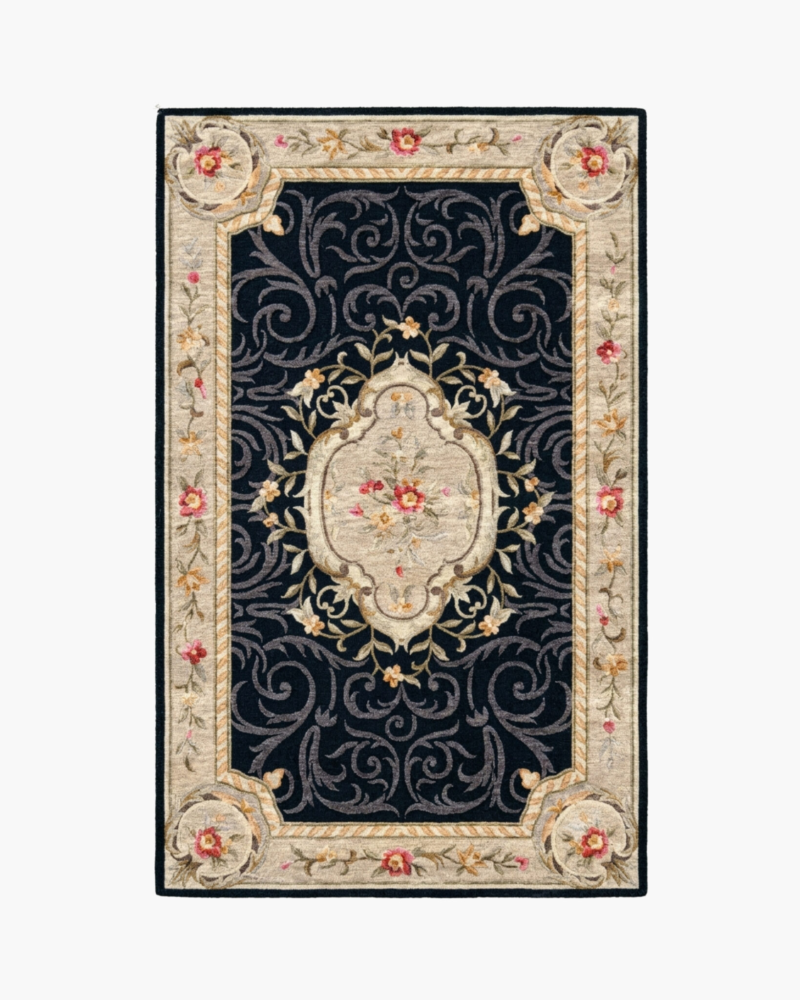 Noir Medallion black Aubusson medallion rug with a cream floral medallion on a deep black field