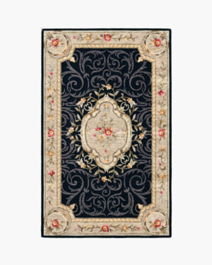 Noir Medallion black Aubusson medallion rug with a cream floral medallion on a deep black field