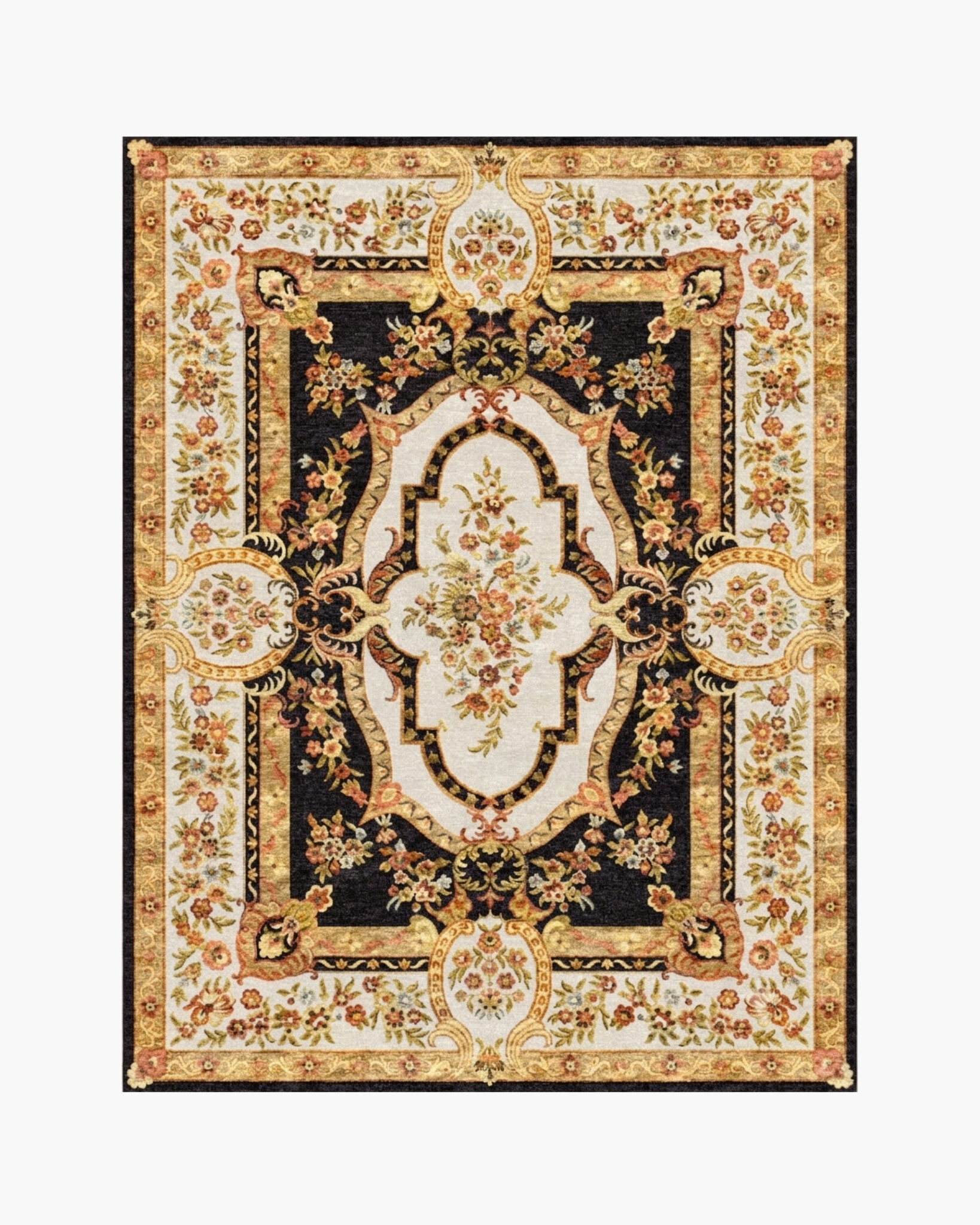 Gilded Empire black and gold Aubusson rug with an ivory floral medallion on a black field