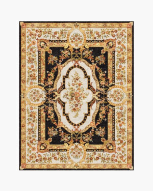 Gilded Empire black and gold Aubusson rug with an ivory floral medallion on a black field
