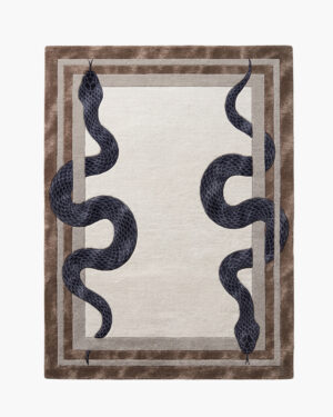 Bronze Vipers navy snake rug with two mirrored serpents on an ivory center and a lustrous bronze border
