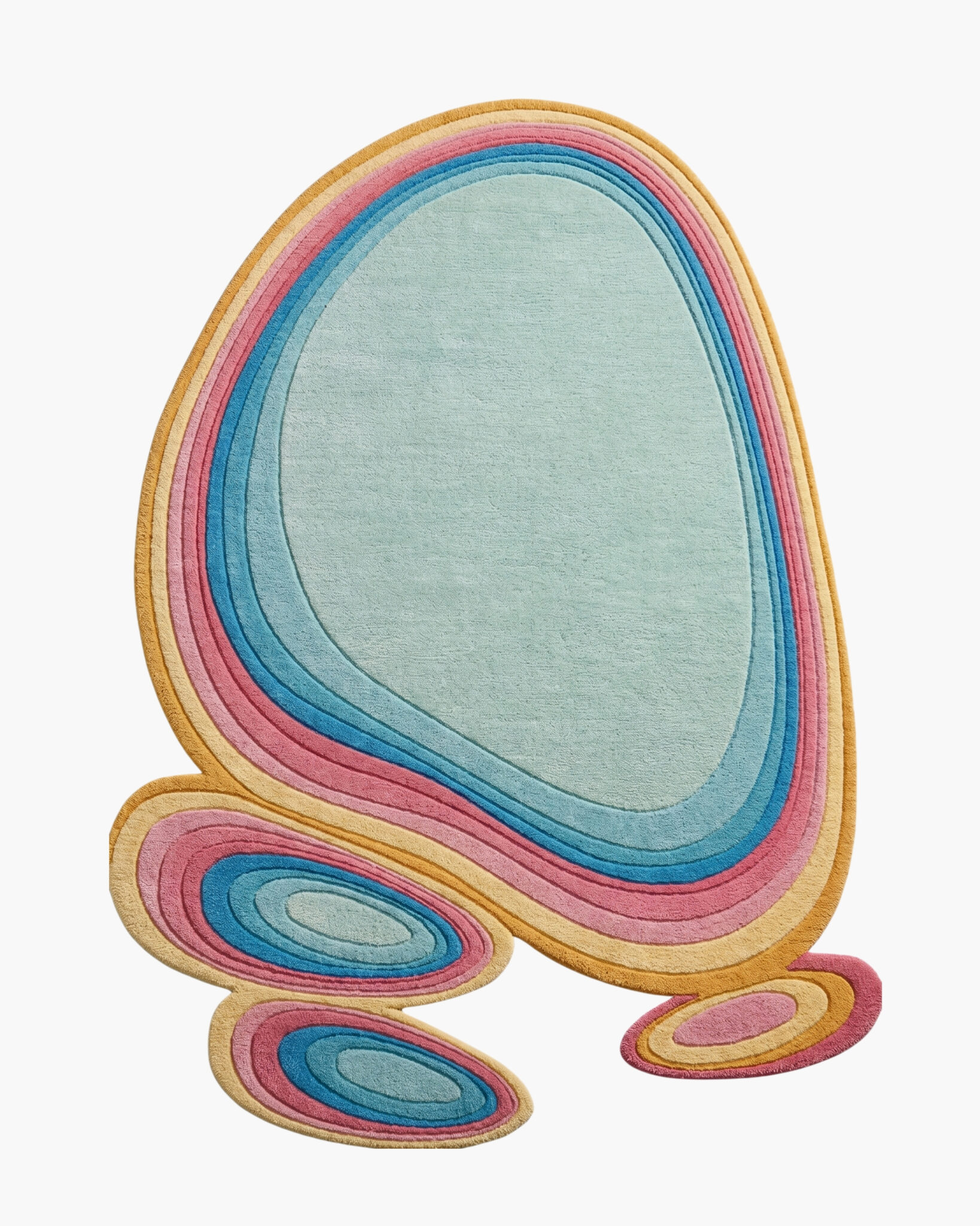 Sorbet Ripple pastel organic wool rug with concentric mint, blue, pink and yellow rings in a free-form shape