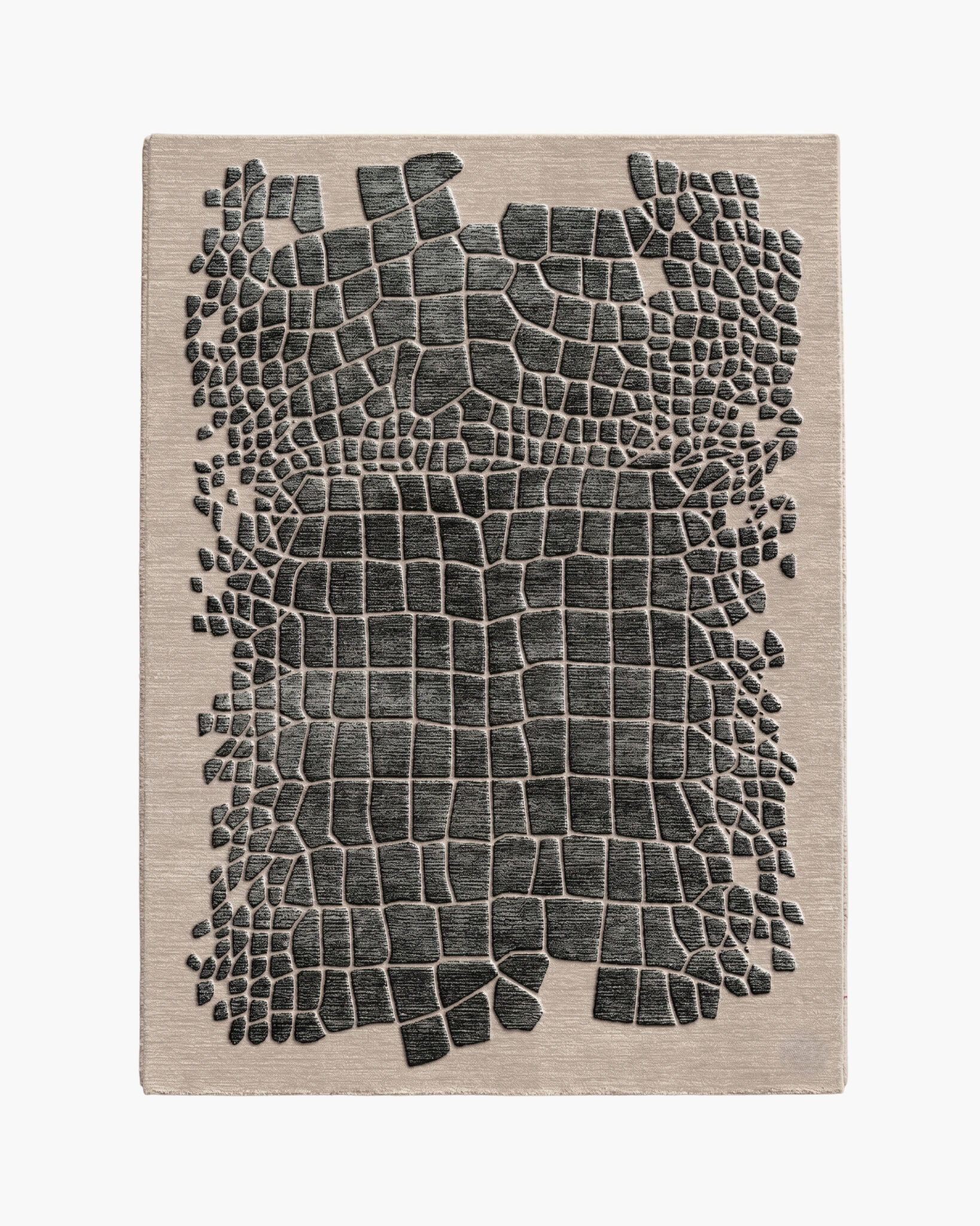 Serpentine Scale crocodile snakeskin wool rug with lustrous charcoal scales dissolving into a greige ground