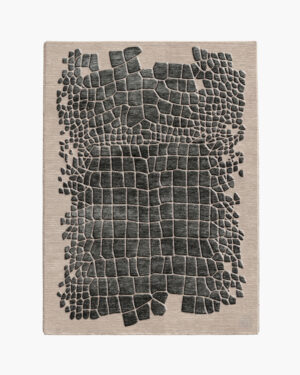 Serpentine Scale crocodile snakeskin wool rug with lustrous charcoal scales dissolving into a greige ground