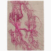 Crimson Roots magenta abstract wool rug with vivid branching roots spreading across a greige ground