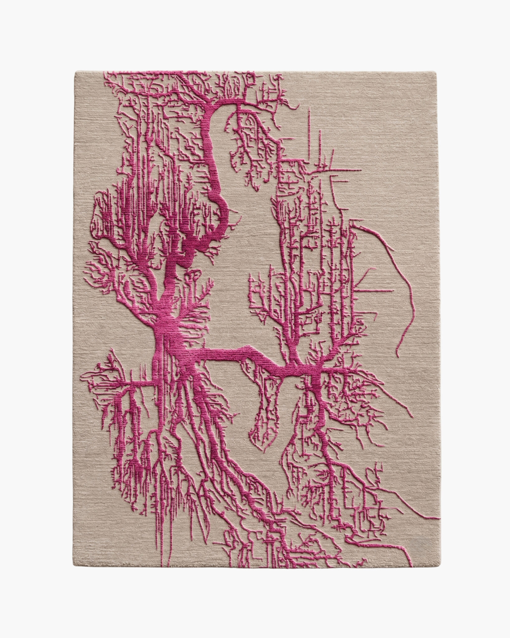 Crimson Roots magenta abstract wool rug with vivid branching roots spreading across a greige ground
