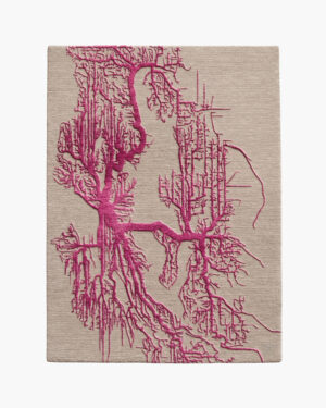 Crimson Roots magenta abstract wool rug with vivid branching roots spreading across a greige ground