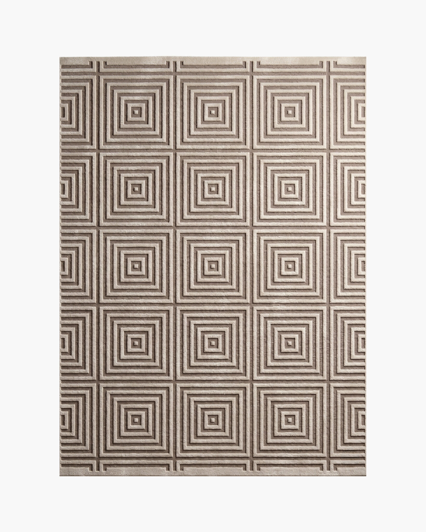 Pyramid Tile 3D geometric square wool rug with carved nested squares in cream and taupe
