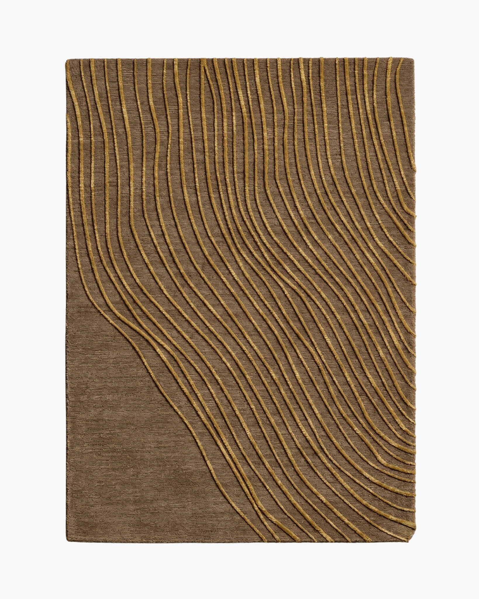 Dune Current brown and gold abstract wool rug with flowing gold contour lines on a soft taupe ground