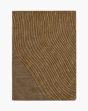 Dune Current brown and gold abstract wool rug with flowing gold contour lines on a soft taupe ground