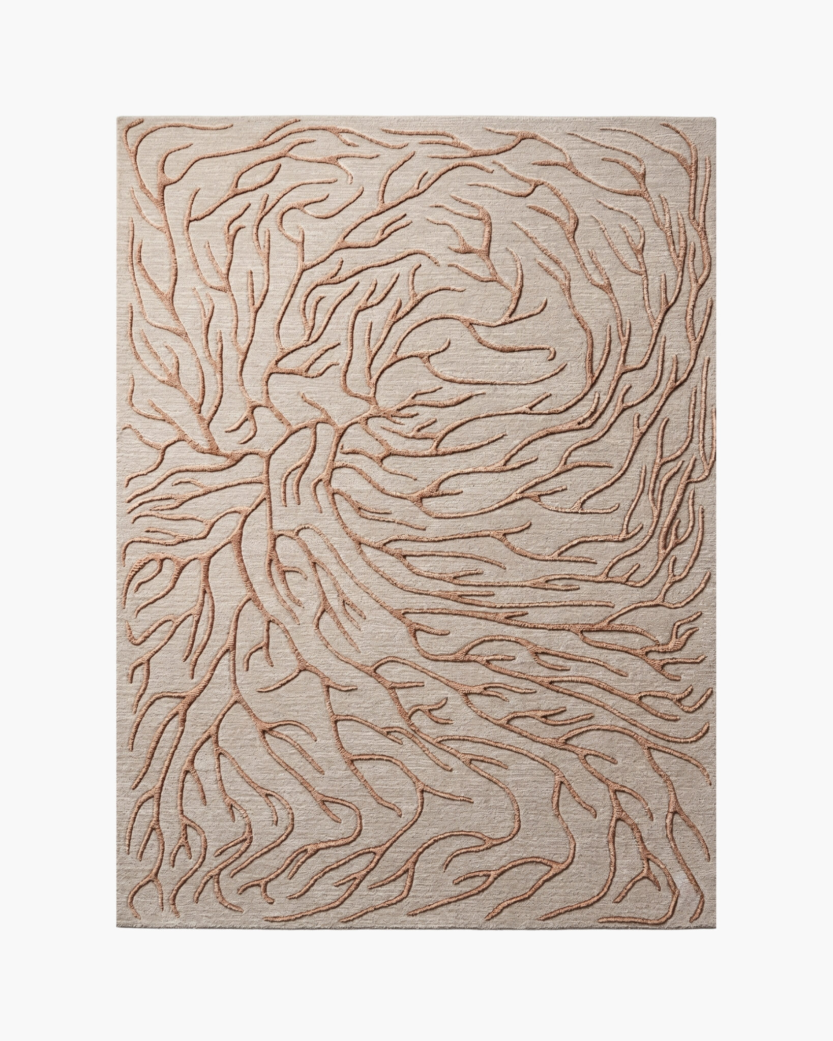Coral Reverie coral branch wool rug with copper-pink coral spreading across a soft oatmeal ground
