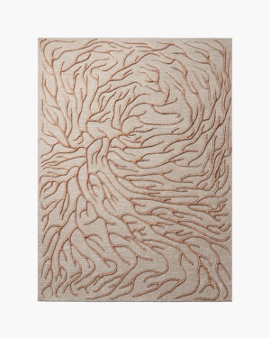Coral Reverie coral branch wool rug with copper-pink coral spreading across a soft oatmeal ground