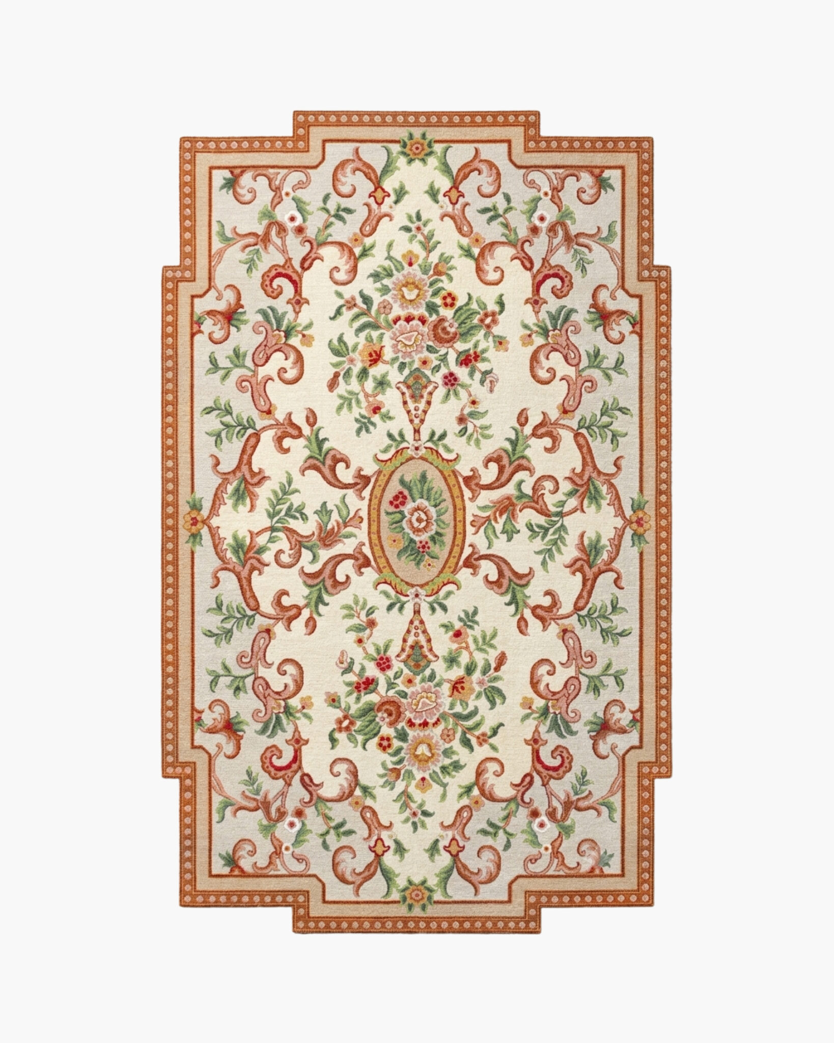 Tuscan Cartouche ivory and terracotta Aubusson rug with a floral medallion and acanthus scrolls in a stepped cartouche shape
