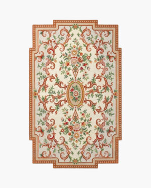 Tuscan Cartouche ivory and terracotta Aubusson rug with a floral medallion and acanthus scrolls in a stepped cartouche shape