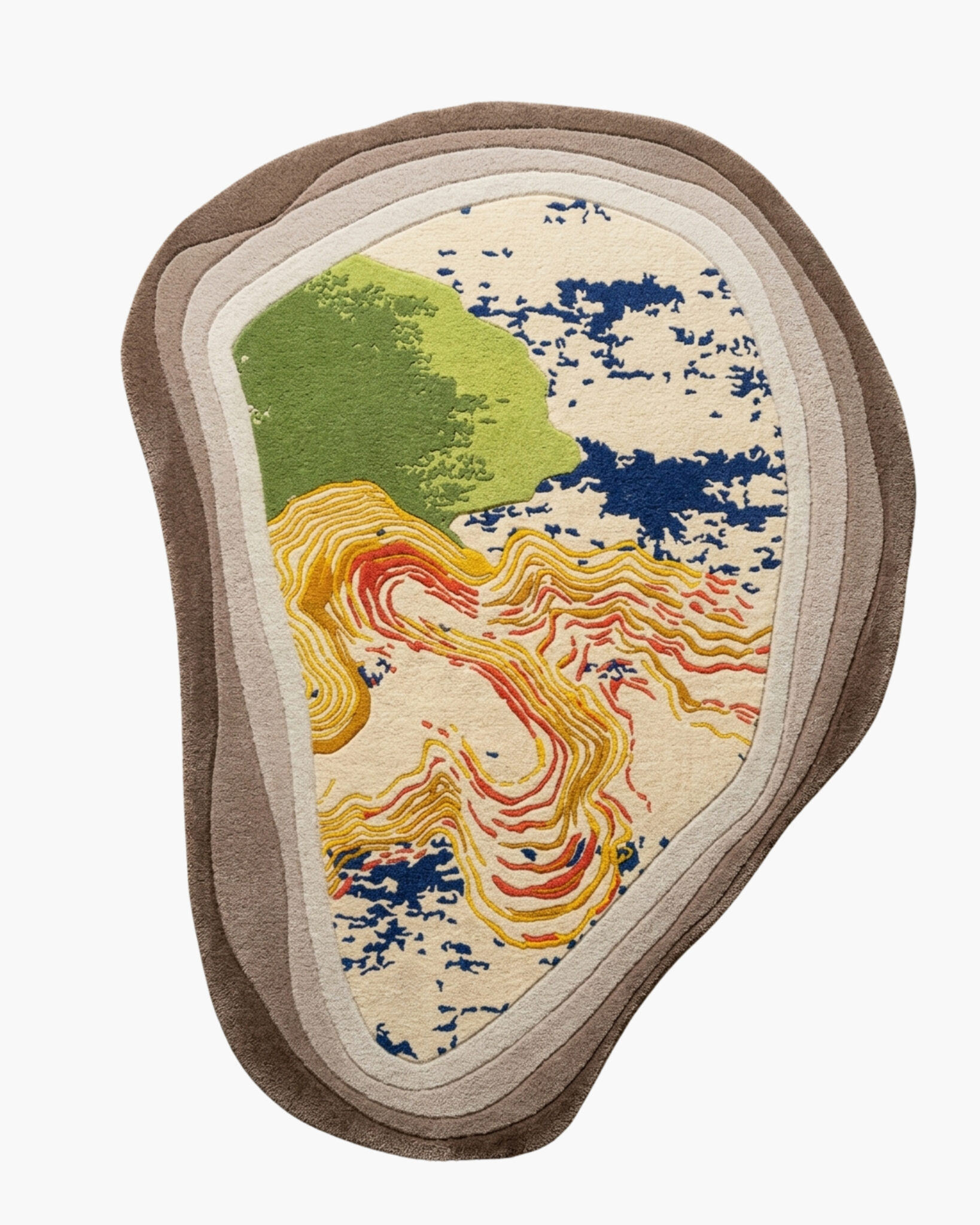 Strata Vista multicolor abstract art wool rug with a free-form stone-slice shape and topographic contours in green, blue, gold and red