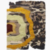 Oxblood Agate agate stone wool rug with concentric oxblood, gold and sage rings beside a charcoal mineral field in a torn-slab shape