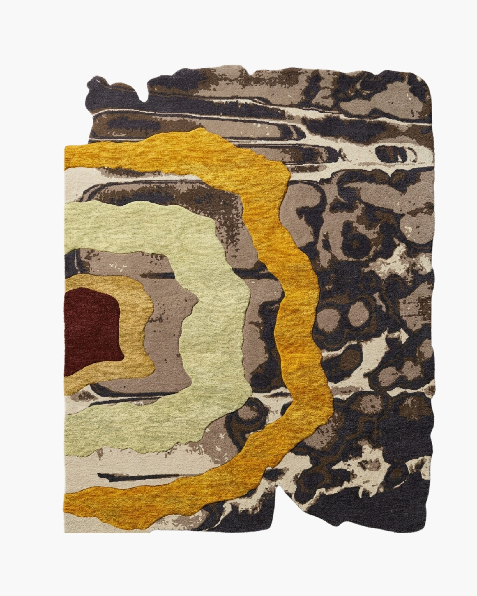 Oxblood Agate agate stone wool rug with concentric oxblood, gold and sage rings beside a charcoal mineral field in a torn-slab shape