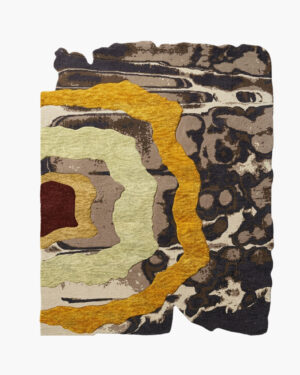 Oxblood Agate agate stone wool rug with concentric oxblood, gold and sage rings beside a charcoal mineral field in a torn-slab shape