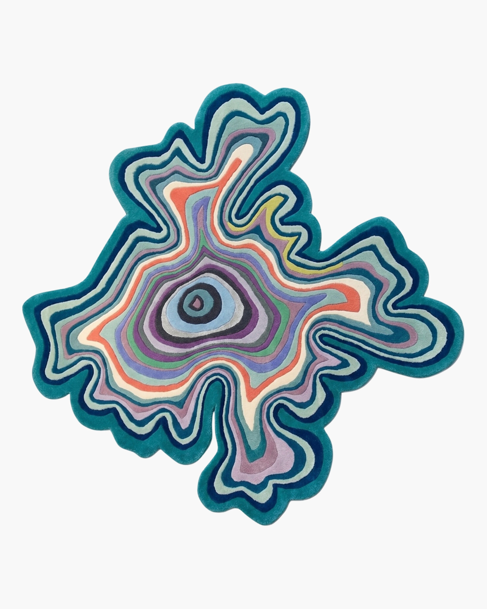 Ripple Bloom multicolor topographic wool rug with concentric jewel-bright contour lines rippling from an off-center eye