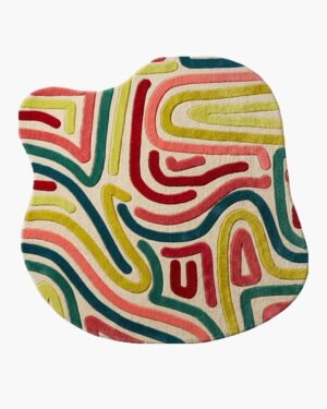 Carnival Coil colorful maze wool rug with bold red, teal and chartreuse squiggles on a free-form cream shape