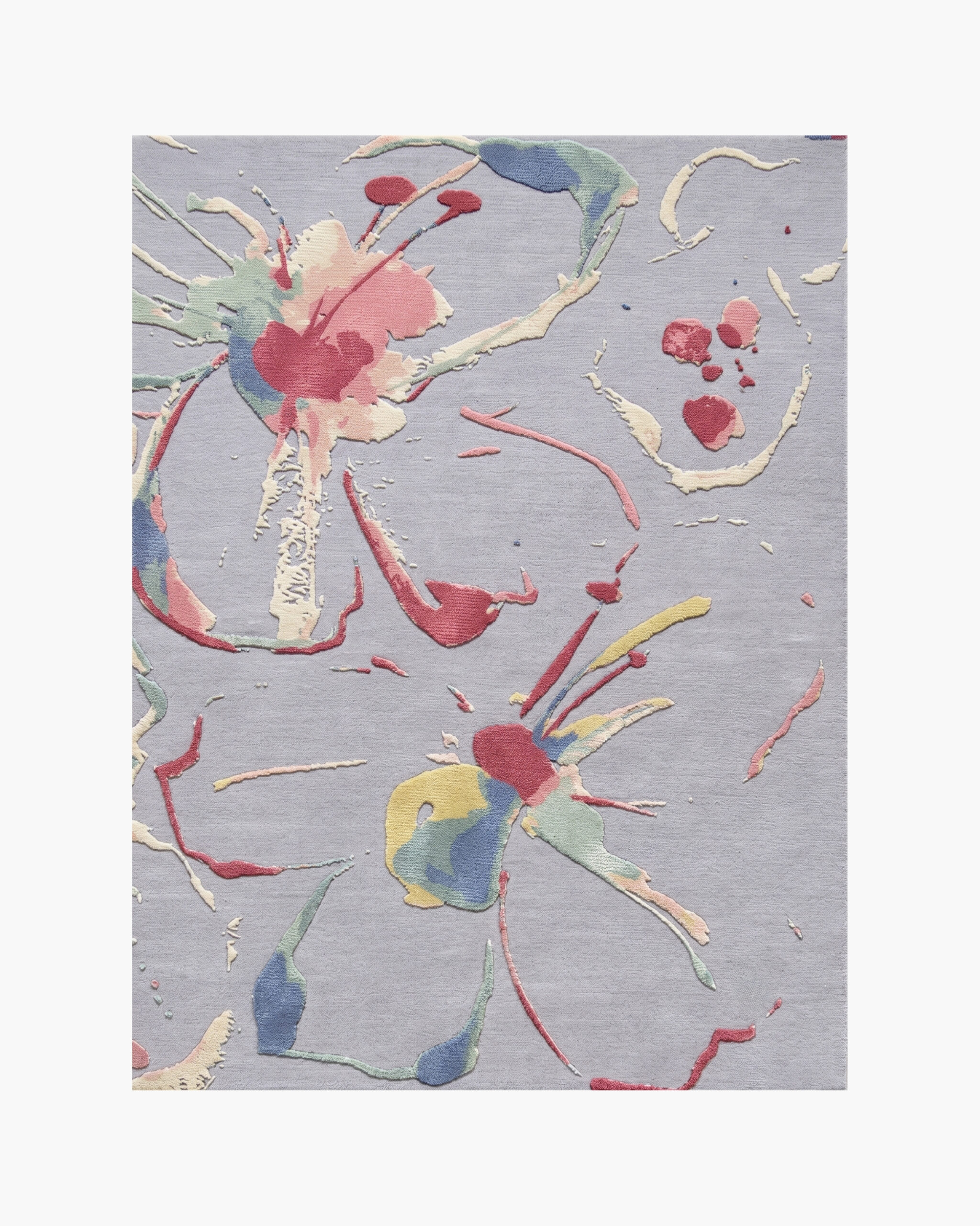 Splatter Bloom: a hand-tufted paint splatter wool rug Splatter Bloom: a hand-tufted paint splatter wool rug — bursts of pink, sage and yellow on a dove-grey ground in carved relief. Custom sizes, free worldwide shipping.