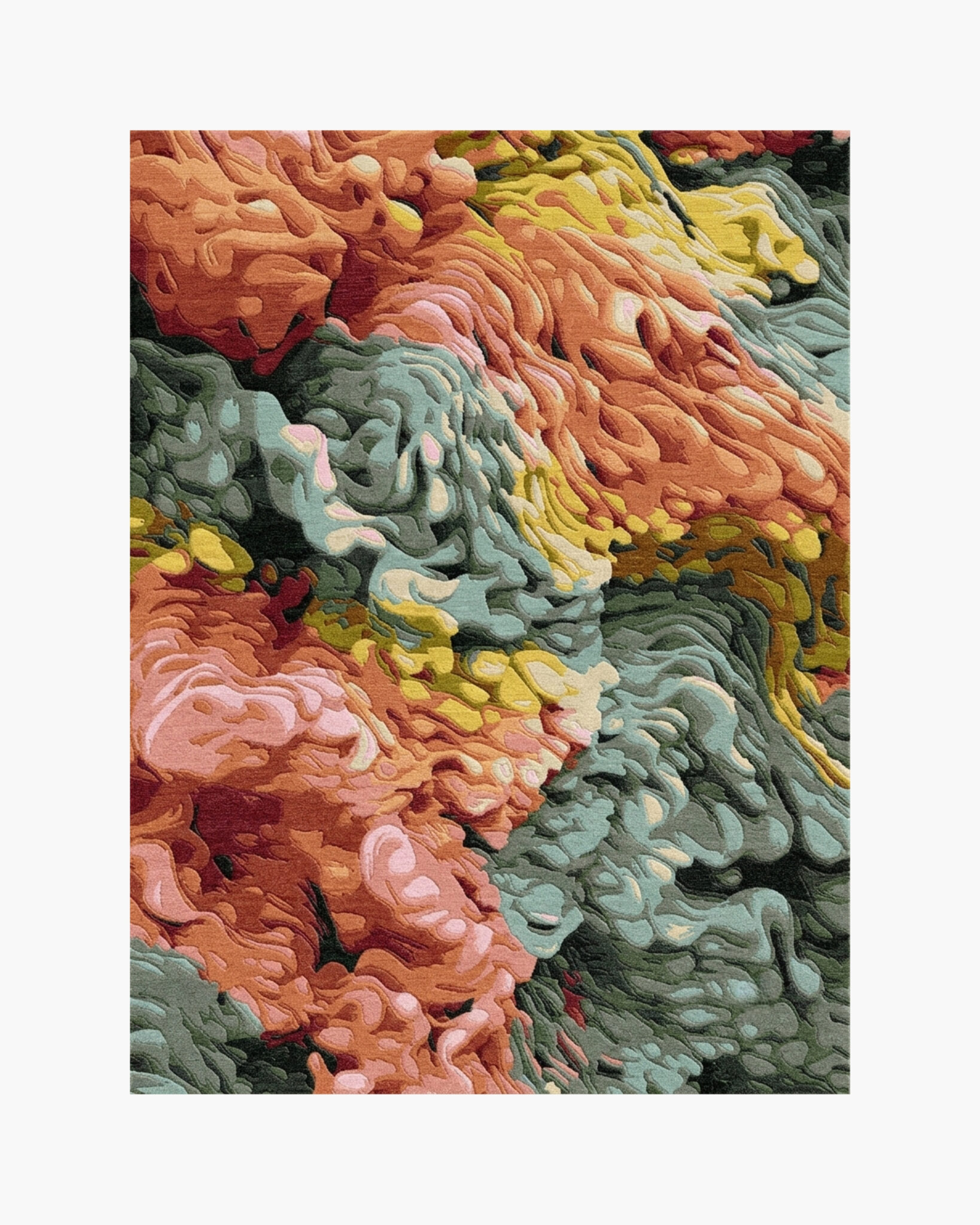 Magma Tide orange and teal abstract wool rug with marbled molten swirls in burnt orange, coral and teal