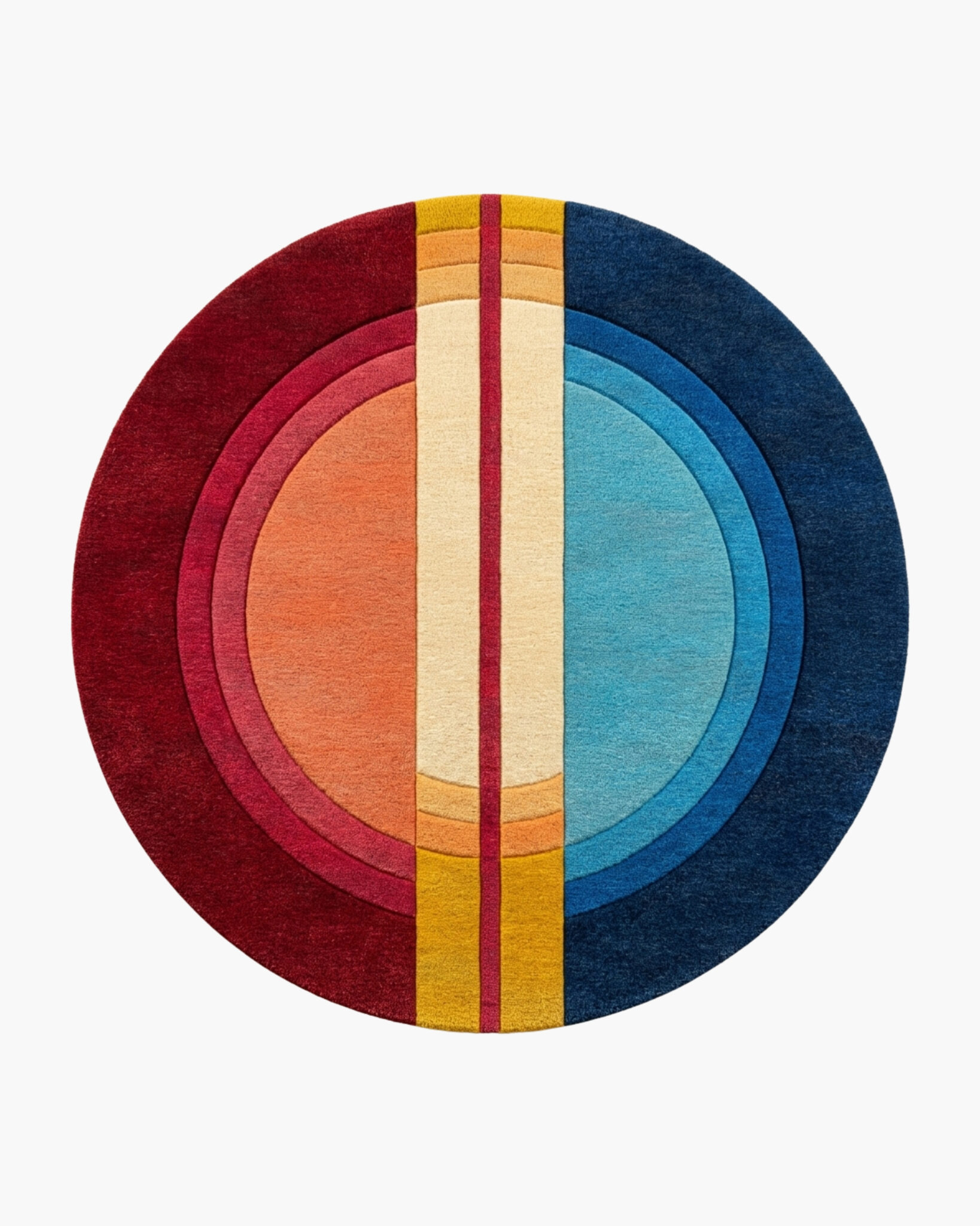 Solstice Split round red and blue wool rug with concentric rings split into a warm half and a cool half
