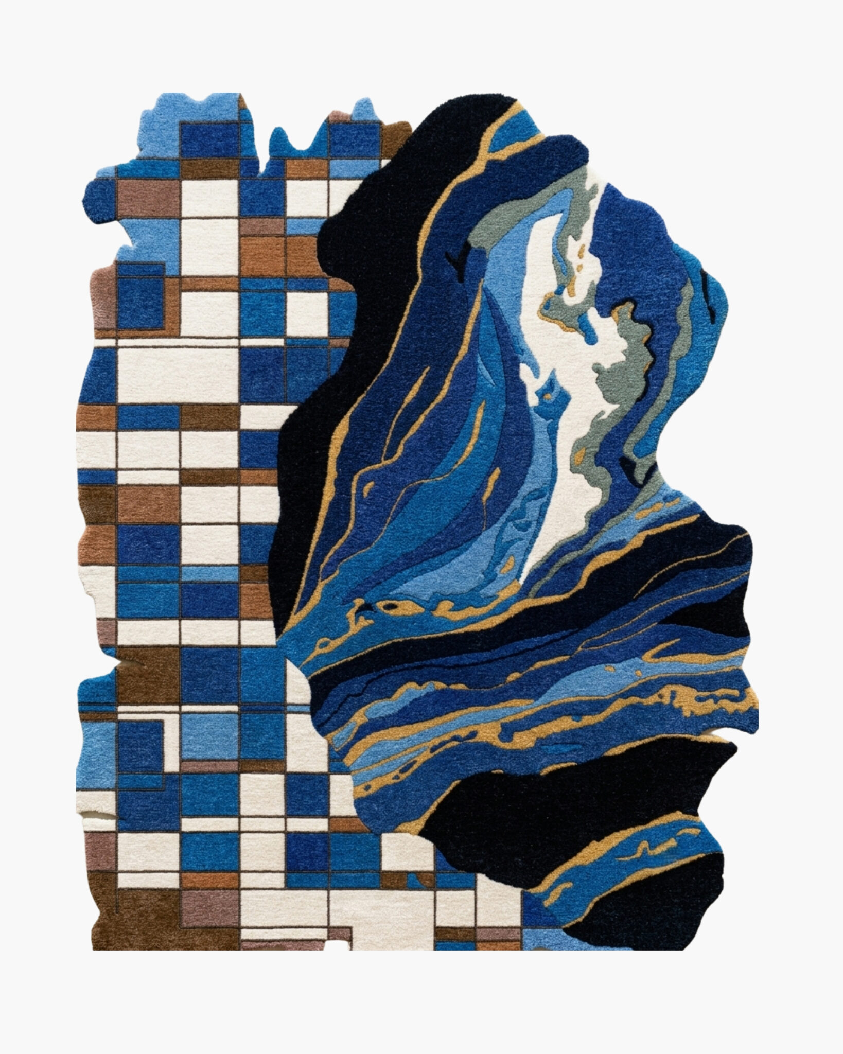 Pixel Tide blue agate wool rug with a pixel mosaic dissolving into gold-veined blue agate strata in a free-form slab